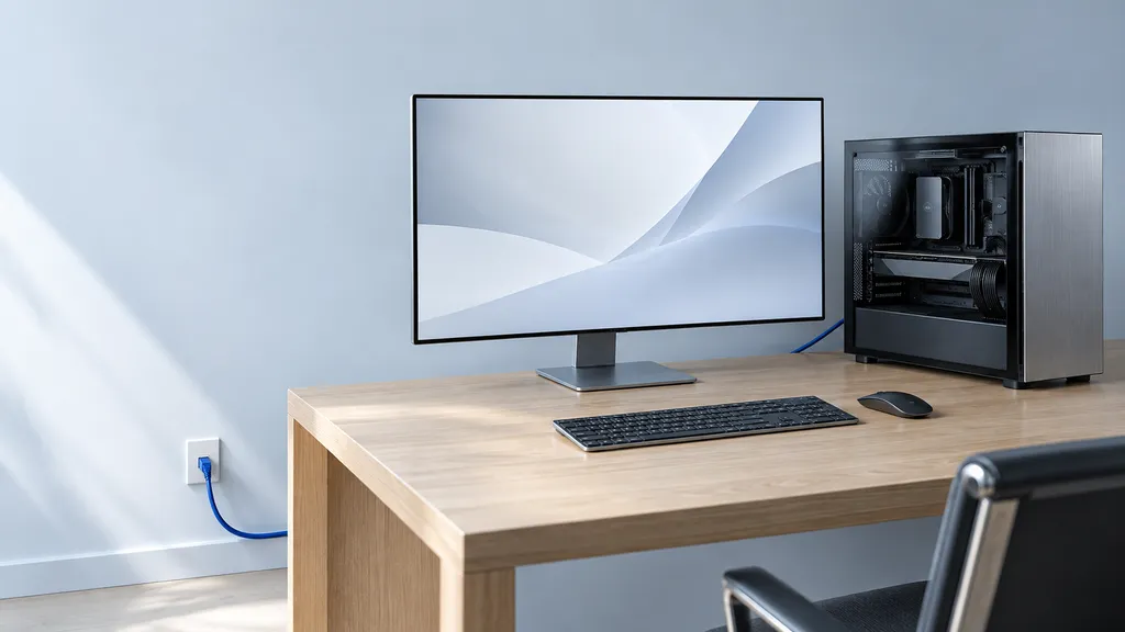 KI-generiertes Symbolbild: aufgeräumter Arbeitsplatz mit Monitor und kompaktem Rechner, ein blaues Netzwerkkabel führt zur Wand.