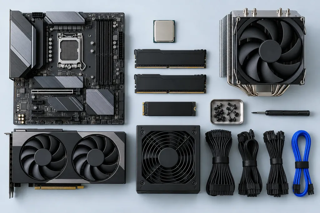 KI-generiertes Symbolbild: alle Teile eines Rechners vor dem Zusammenbau von oben ausgelegt, mit Mainboard, Prozessor, Arbeitsspeicher, SSD, Kühler, Grafikkarte, Netzteil und einem blauen Kabel.