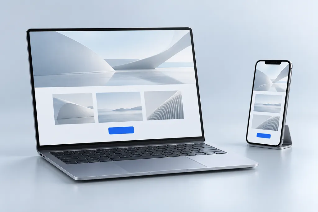 KI-generiertes Symbolbild: Notebook und Smartphone zeigen eine helle Firmen-Website mit blauem Knopf.