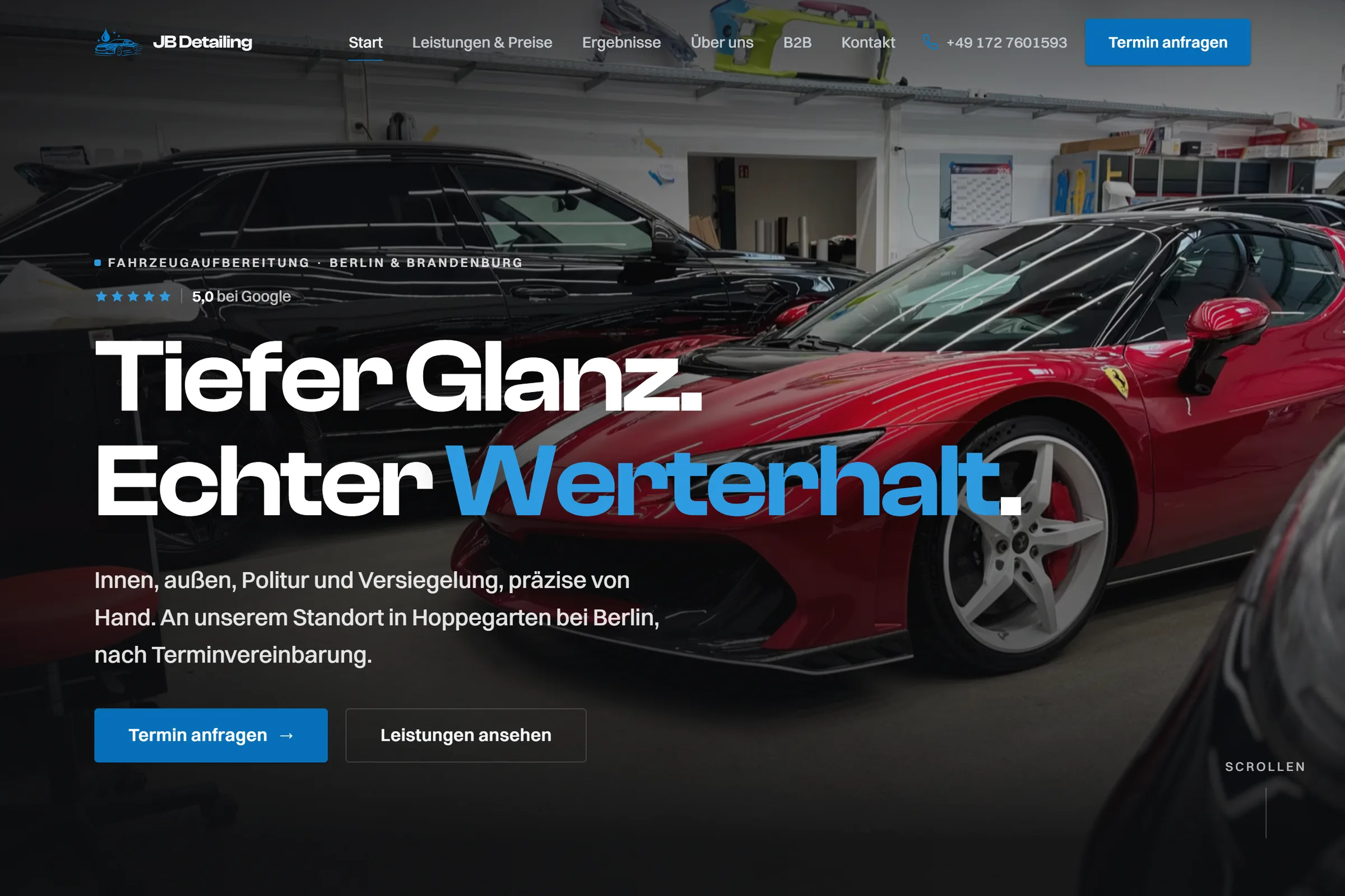 Startseite von JB Detailing im Browser