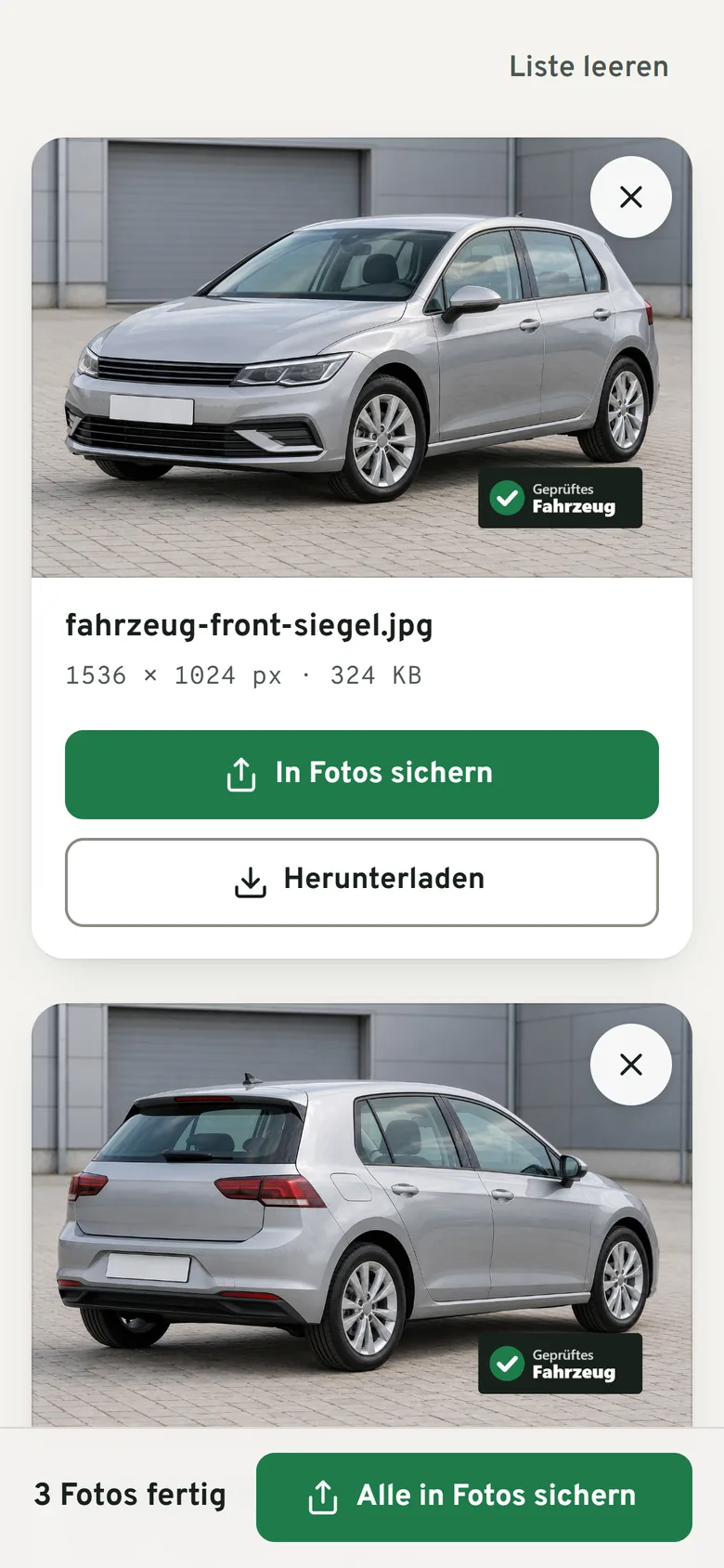 Foto-Werkzeug auf dem Handy: KI-generierte Beispiel-Fahrzeugfotos mit Prüfsiegel, bereit zum Sichern in den Fotos