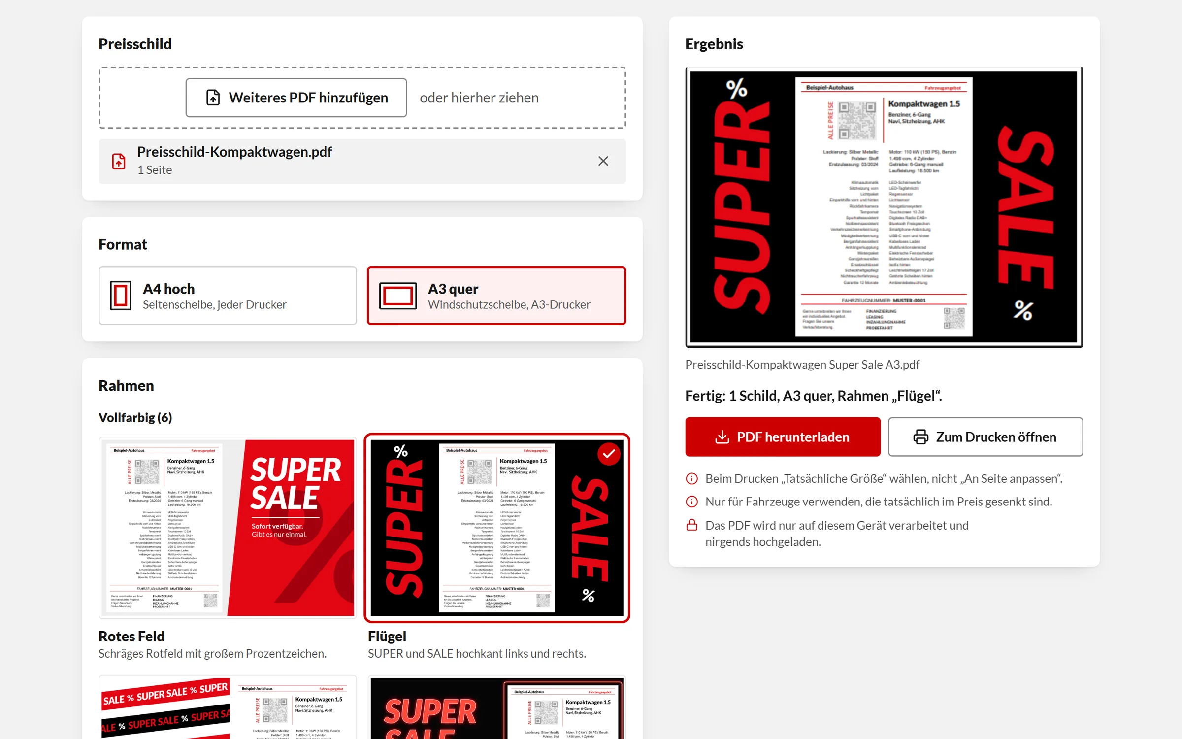 Preisschild-Werkzeug im Browser: Rahmen-Auswahl mit Vorschau eines Beispiel-Preisschilds