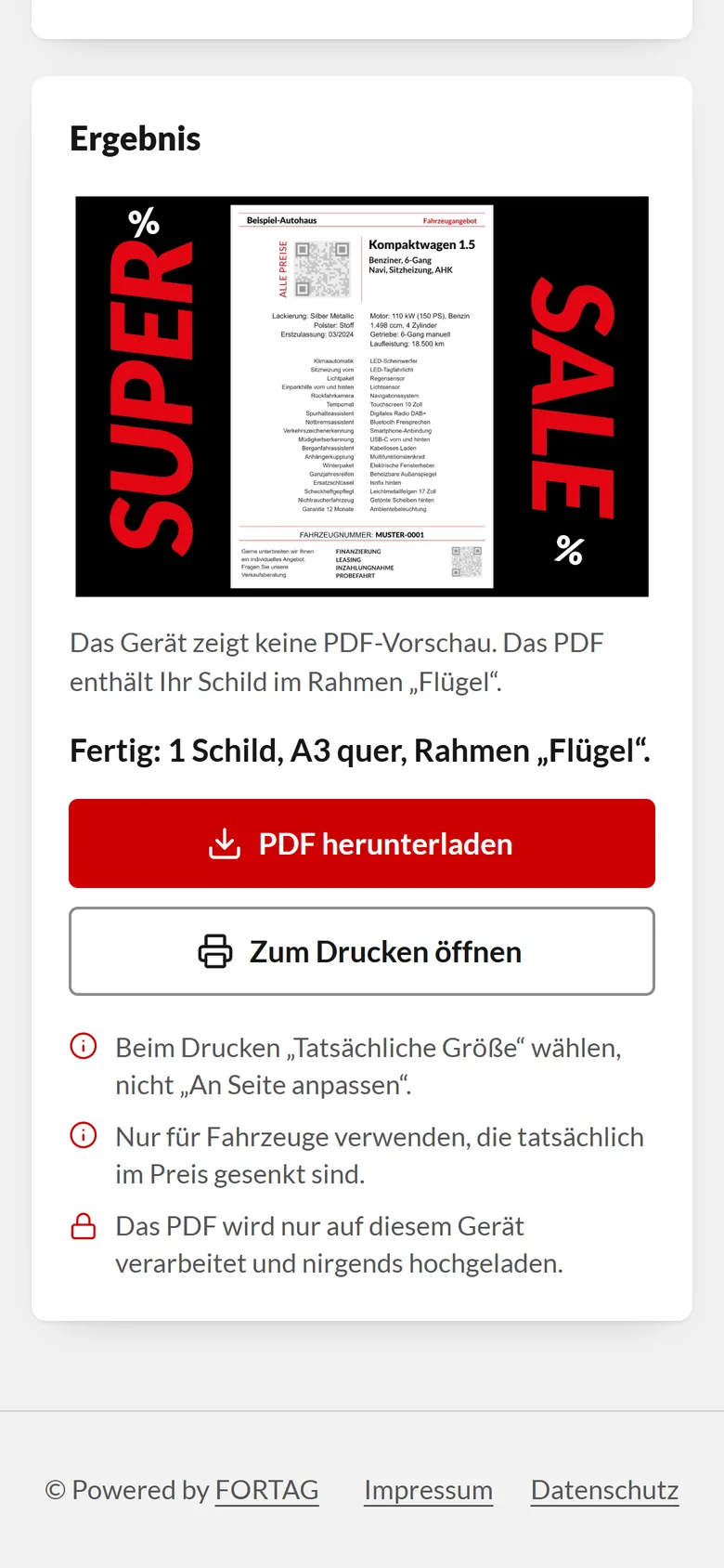 Preisschild-Werkzeug auf dem Handy: fertiges Beispiel-Preisschild im Rahmen, bereit zum Herunterladen