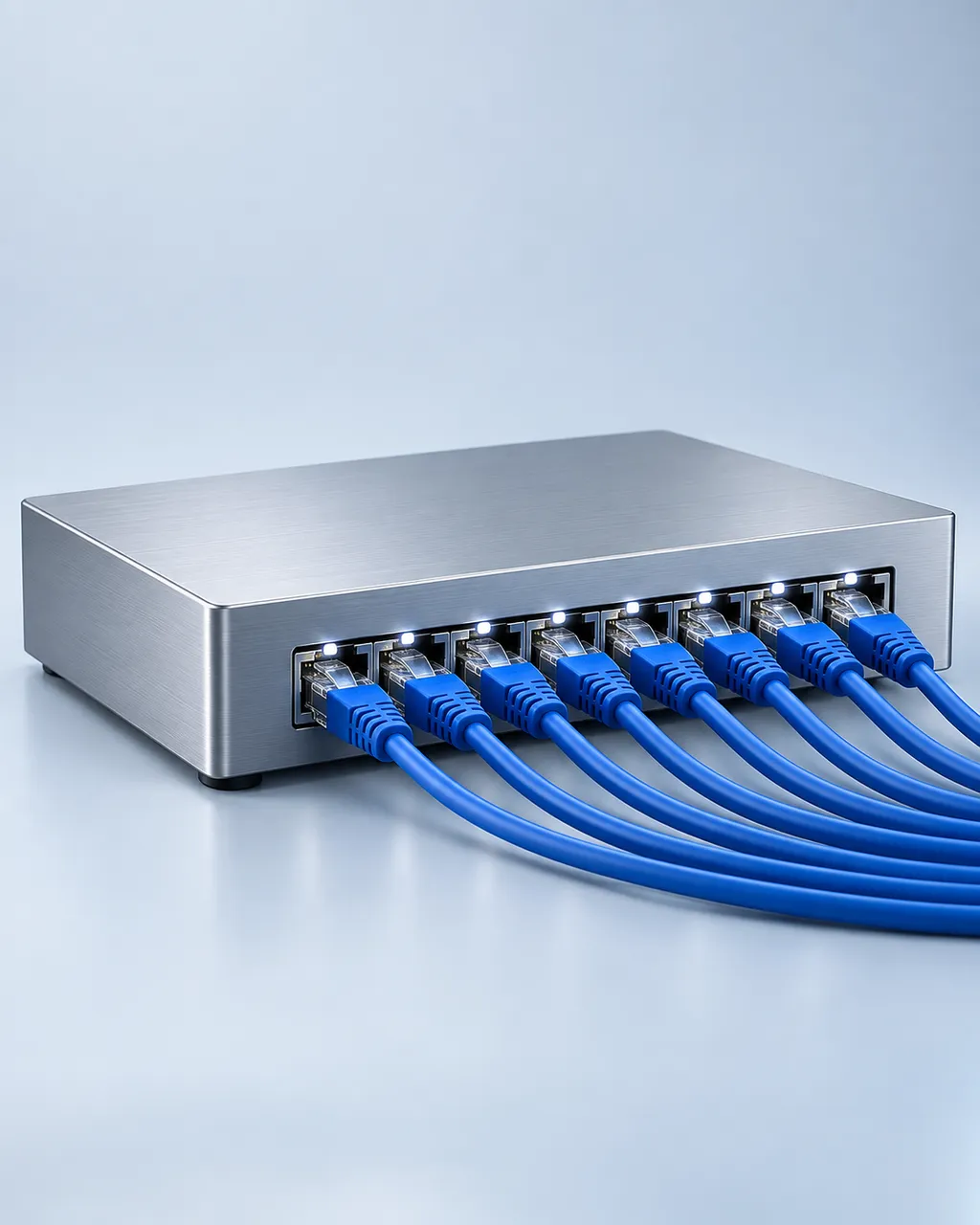 KI-generiertes Symbolbild: Netzwerk-Switch mit sauber gesteckten königsblauen Patchkabeln.